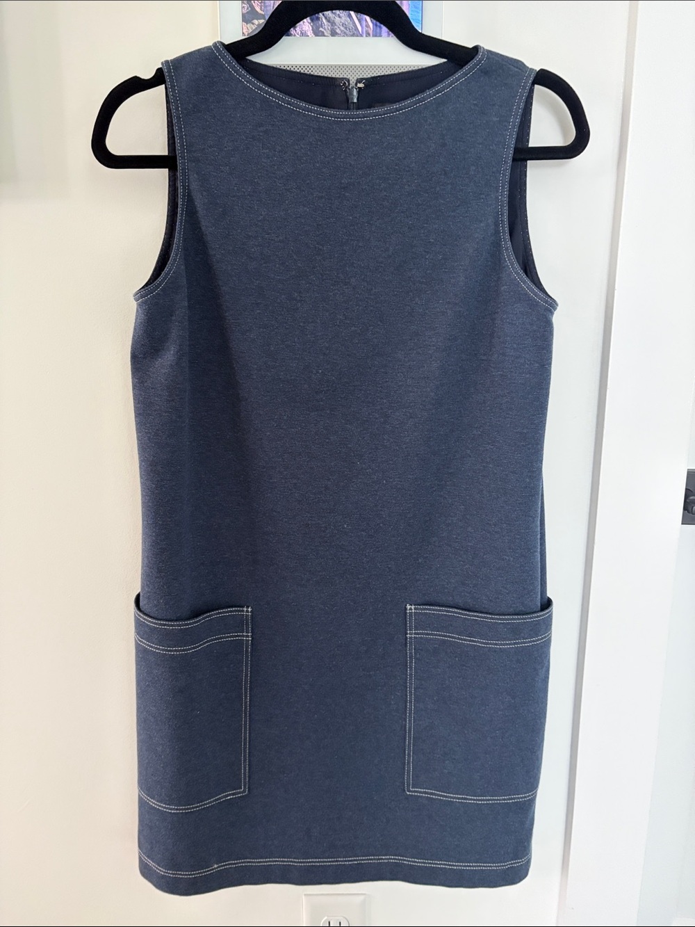 Theory Sleeveless Mini Shift Dress in Dark Denim with Patch Pockets